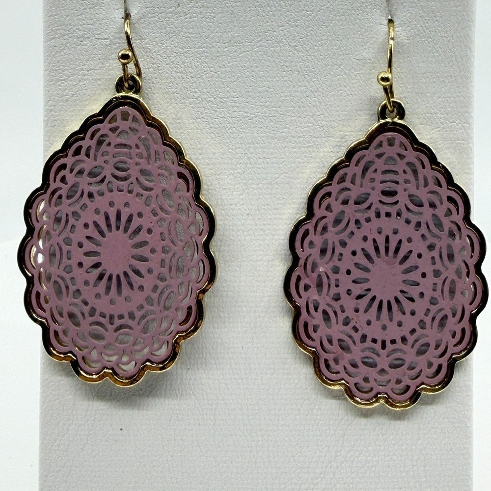 Dusty Pink Filigree Teardrop Dangle Earrings Gold Tone Boho Statement Jewelry